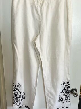 Ann Taylor Cream Pants with Black Embroidered Hem